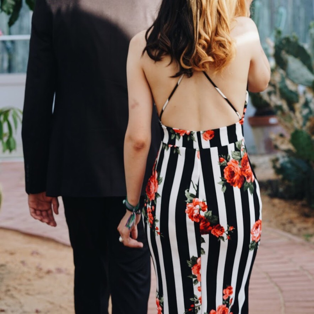 Black and White Striped Rose Print Dress